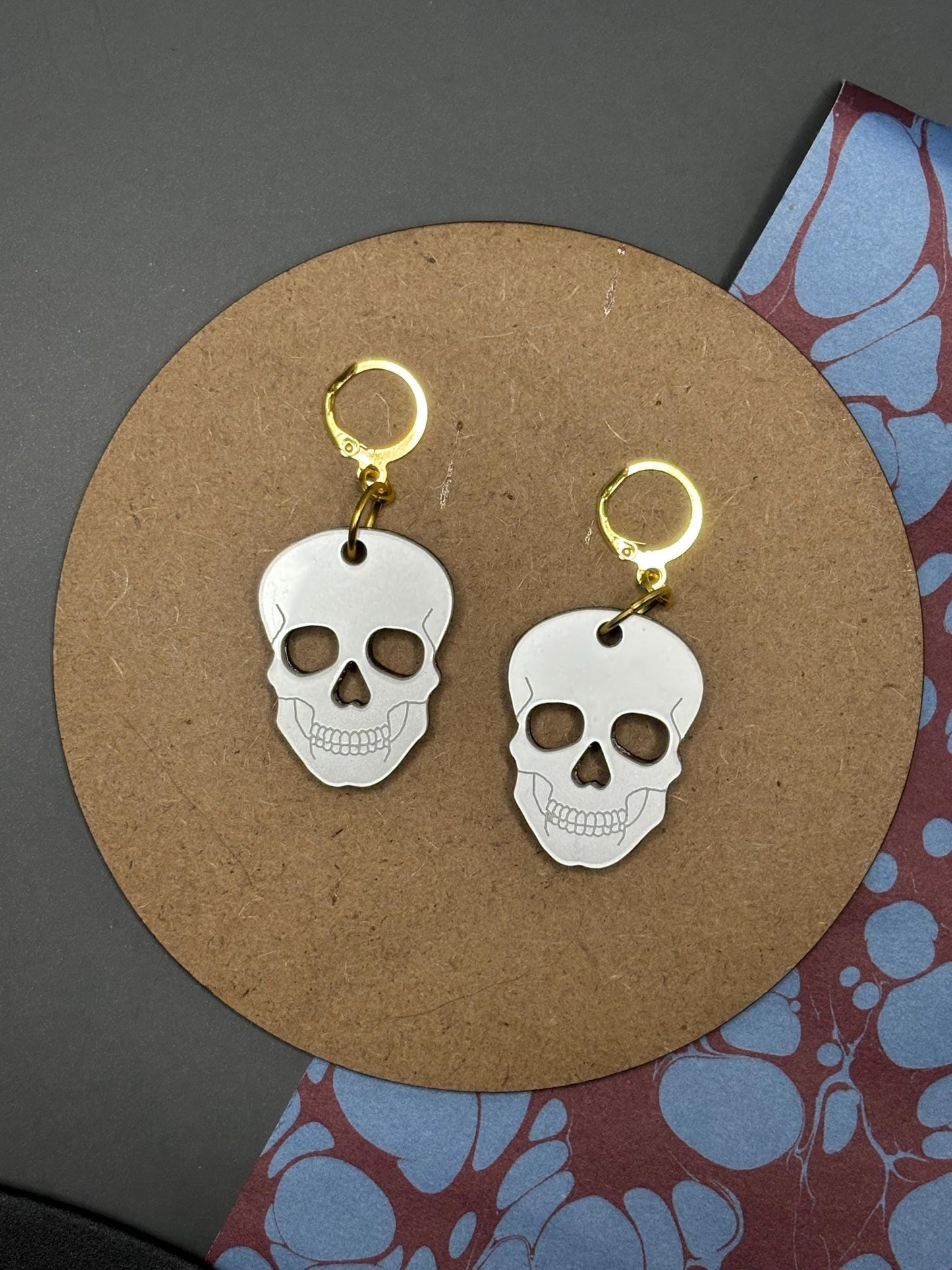 White Skull Earrings Gothic Huggie Hoop Shimmery Acrylic Occult Witchy Jewellery Dark Academia Accessories Gold Plated Skull