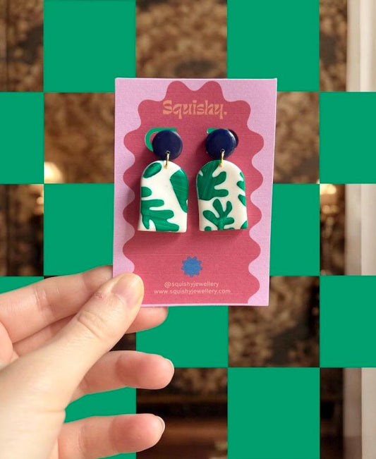 Navy Blue & Green Matisse Inspired Botanical Print Polymer Clay Arch Drop Minimalist Plant Lover Gift For Her Earrings