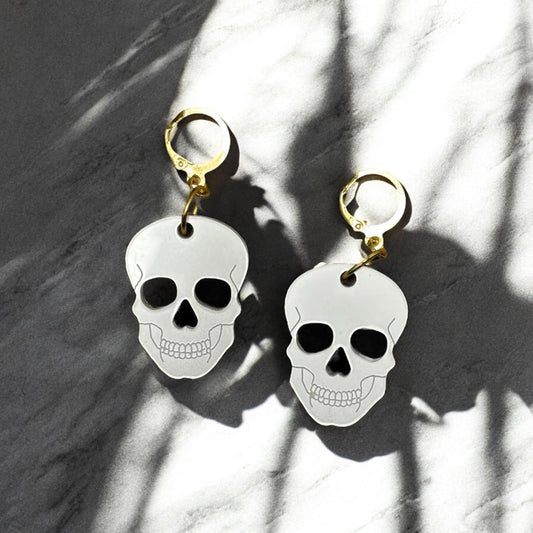 White Skull Earrings Gothic Huggie Hoop Shimmery Acrylic Occult Witchy Jewellery Dark Academia Accessories Gold Plated Skull