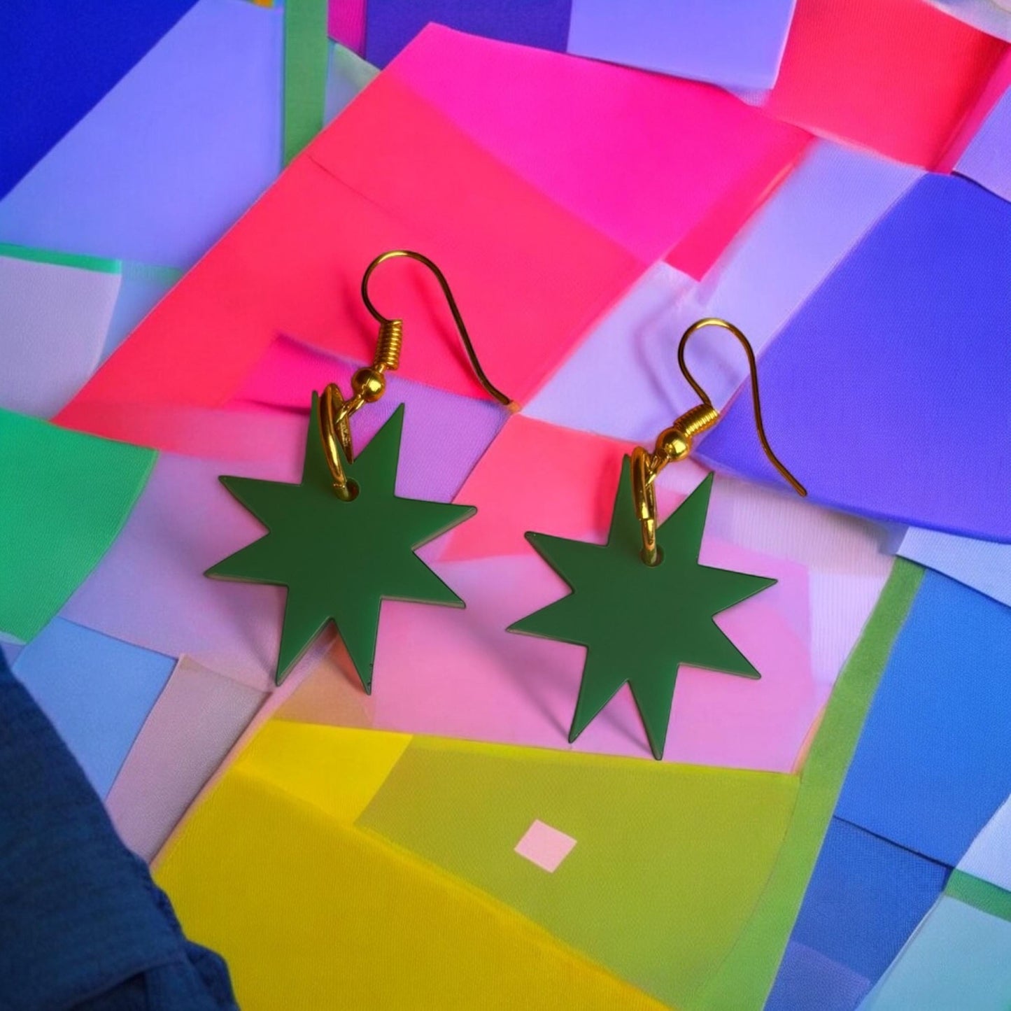 Dark Green Star Earrings – Acrylic Statement Jewellery with Gold Hooks | Handmade Lightweight Alt Witchy Whimsygoth Celestial Accessories
