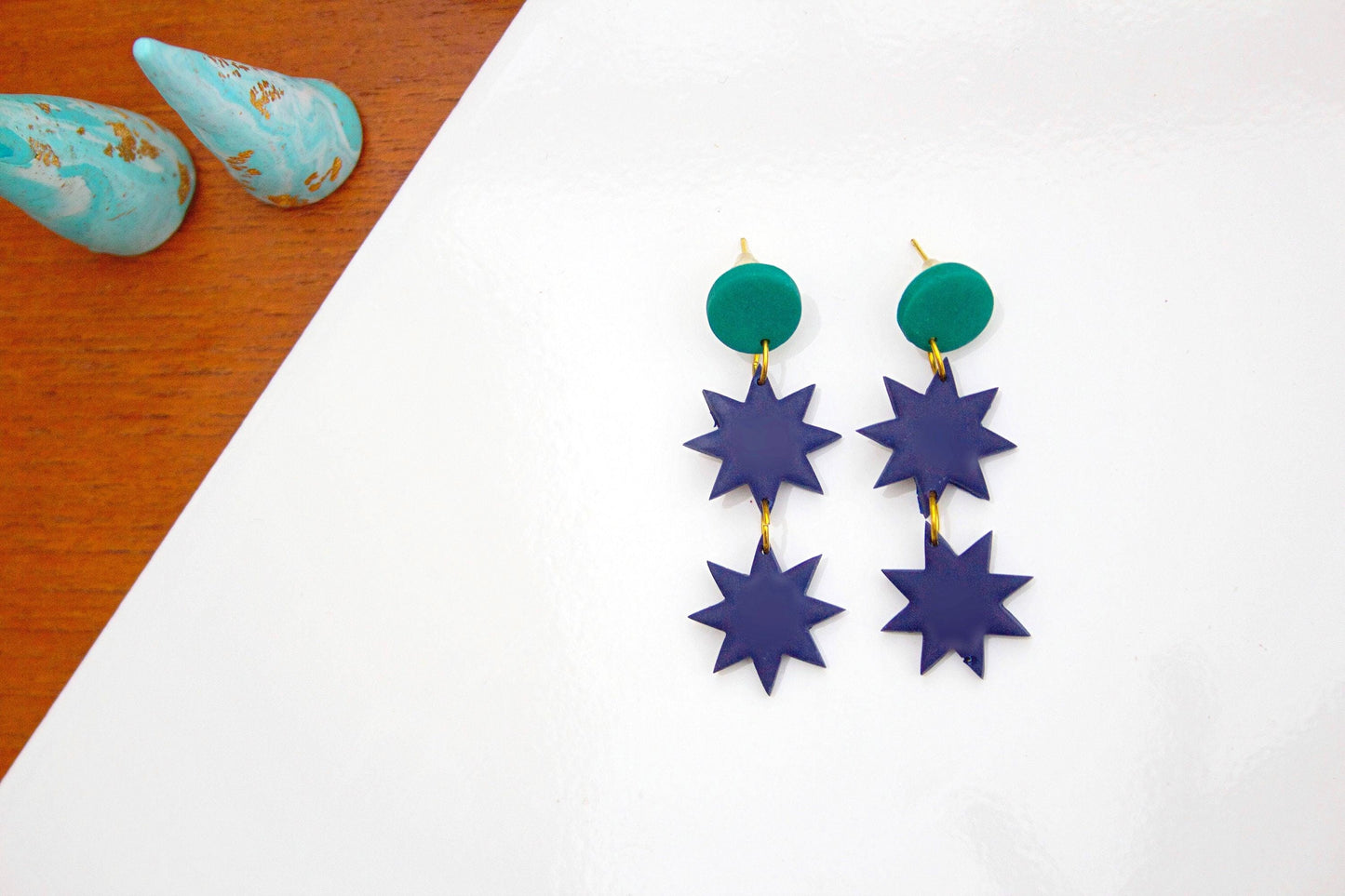 Navy & Emerald Geometric Star Earrings Handmade Polymer Clay Jewellery | Statement Alt Earrings for Art Girls, Indie Style, Grunge, Gothcore