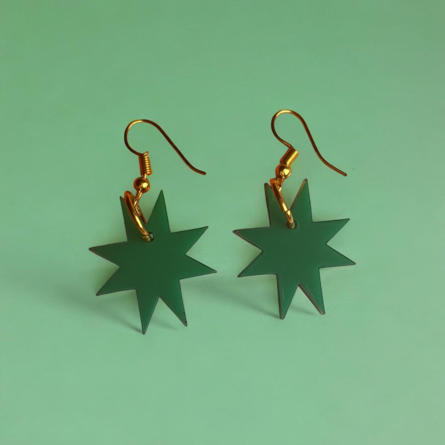 Dark Green Star Earrings – Acrylic Statement Jewellery with Gold Hooks | Handmade Lightweight Alt Witchy Whimsygoth Celestial Accessories