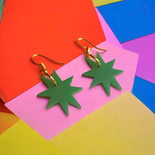 Dark Green Star Earrings – Acrylic Statement Jewellery with Gold Hooks | Handmade Lightweight Alt Witchy Whimsygoth Celestial Accessories