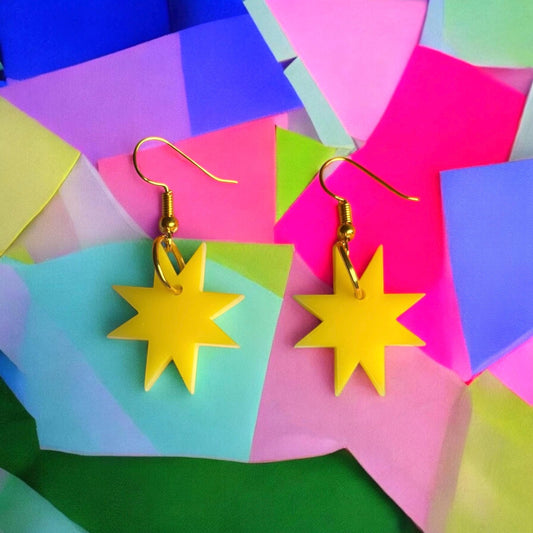 Butter Yellow Star Earrings – Acrylic Statement Jewellery with Gold Hooks Celestial Witchy Whimsygoth Handmade Lightweight Alt Accessories