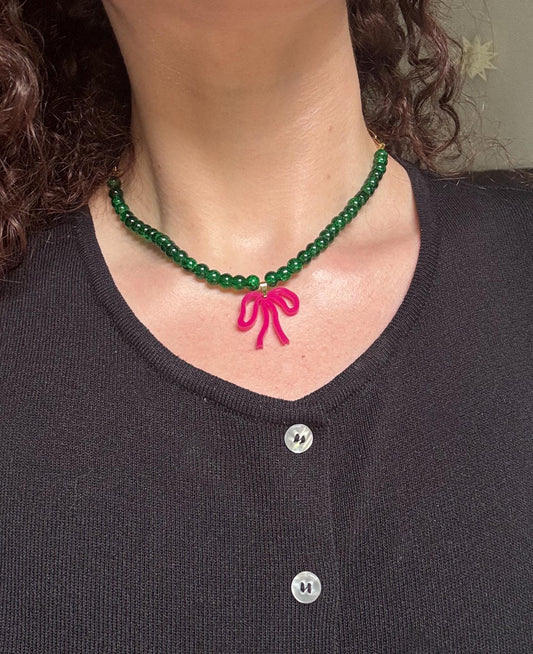 Pink Bow Green Bead Necklace – Handmade Acrylic Bow Charm on Emerald Glass Beads | Cottagecore, Whimsygoth & Alt Fashion Jewellery
