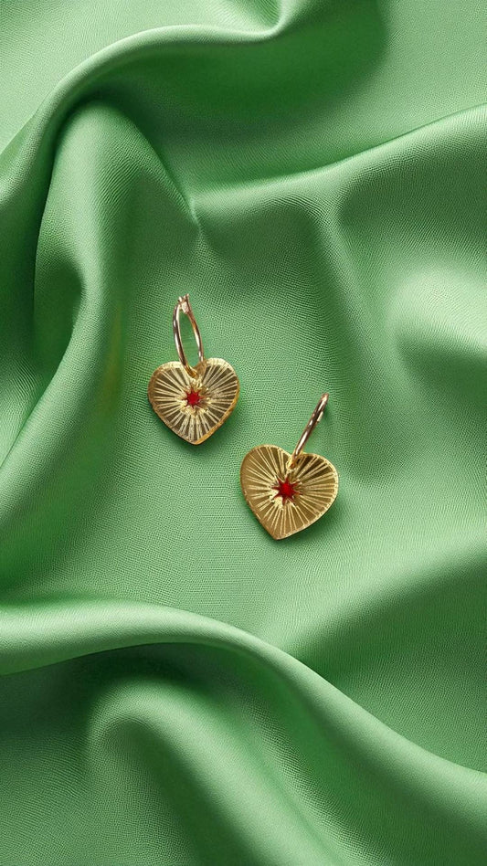 Gold Heart Hoop Earrings with Red Star Detail – Statement Charm Hoops, Kawaii, Celestial, Kitsch Lightweight & Bold, Handmade Jewellery UK