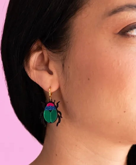 Beetle Statement Earrings – Acrylic Scarab Insect Earrings on Gold Plated Huggie Hoops
