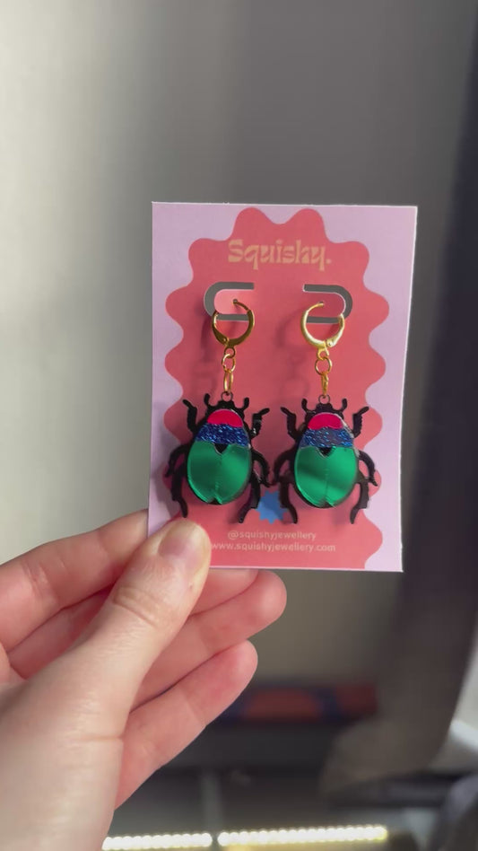 Beetle Statement Earrings – Acrylic Scarab Insect Earrings on Gold Plated Huggie Hoops