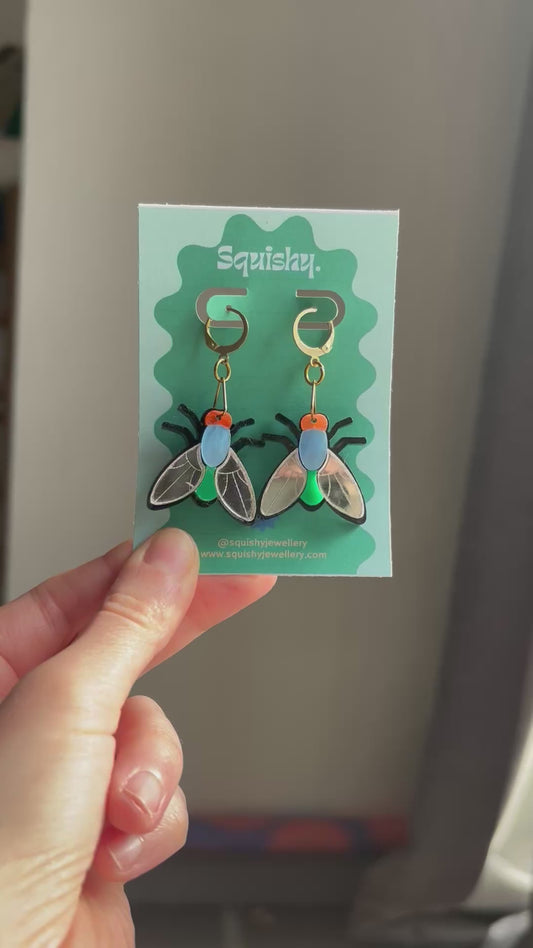 Multicolor Silver Acrylic Fly Earrings: Whimsigoth Bug Statement Huggie Hoops Gifts for Nerds Medium Size