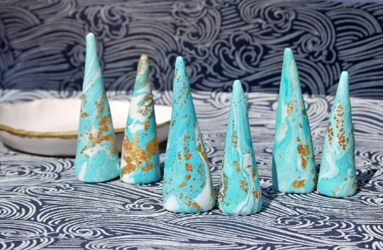 Blue & White 'Cloud' Marbled Polymer Clay Ring Holder Cone