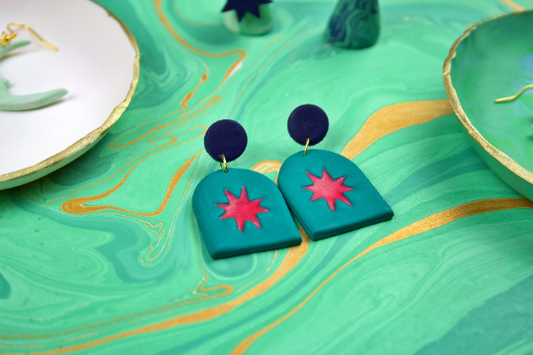 Vintage Inspired Emerald & Navy Star Arch Geometric Polymer Clay Kitsch Women's Earrings.