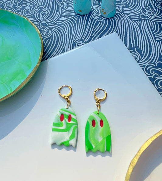 Green & White Marbled Ghost Polymer Clay Huggie Kitsch Women's Adult Earrings