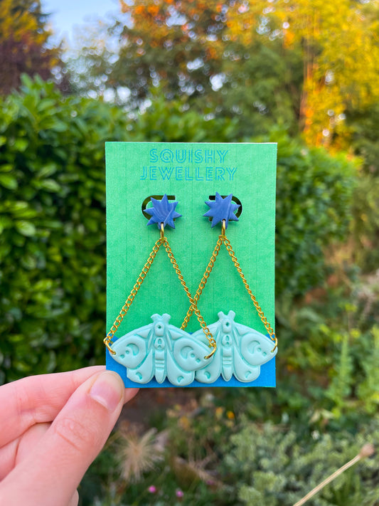 Mint Green and Navy Celestial Moth Moon & Stars Chain Drop Kitsch Polymer Clay Womens Adult Earrings