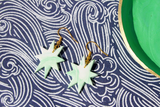 Marbled Mint Green & White Geometric Polymer Clay Star Kitsch Womens Adult Earrings.