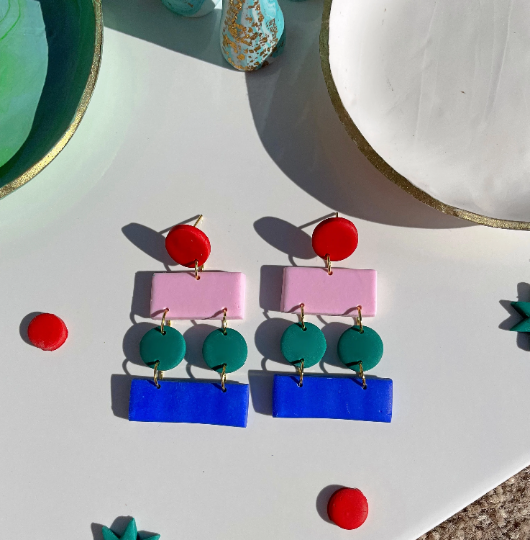 Red, Pink, Green & Blue Midcentury Layered Polymer Clay Women's Earrings.