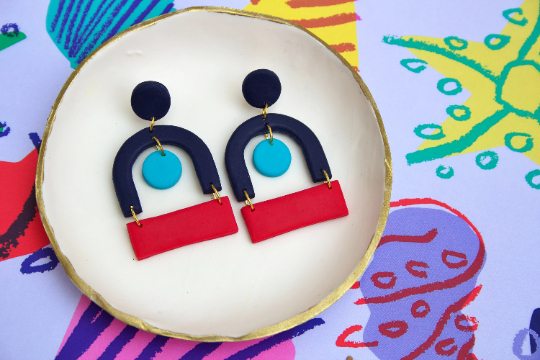 Vintage Bauhaus Inspired Navy, Blue & Red Mid-Century Polymer Clay Adult Earrings