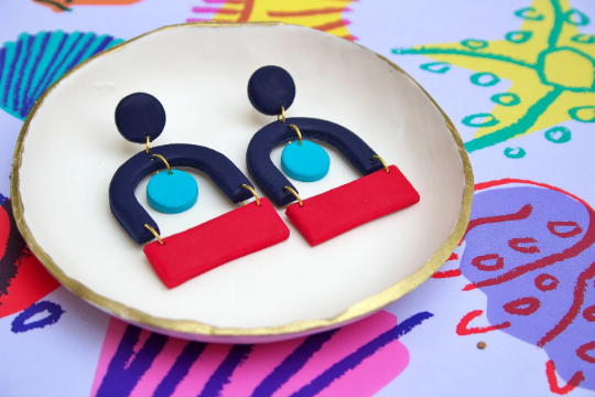 Vintage Bauhaus Inspired Navy, Blue & Red Mid-Century Polymer Clay Adult Earrings