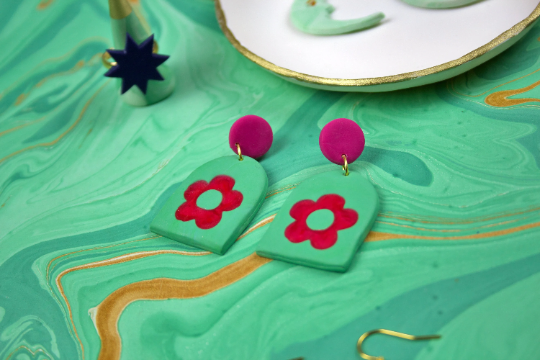 Vintage Mint & Pink Flower Arch Polymer Clay Cottagecore Kitsch Womens Adult Earrings