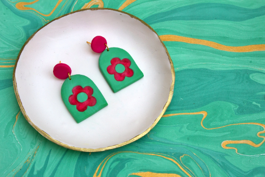 Vintage Mint & Pink Flower Arch Polymer Clay Cottagecore Kitsch Womens Adult Earrings