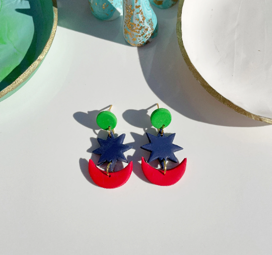 Navy, Green and Red Pearl Star & Moon Drop Mid-Century Polymer Clay Kitsch Womens Adult Earrings