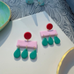 Pink, Green & Red Mid Century Modern 'Raindrop' Memphis Layered Acrylic Women's Earrings.