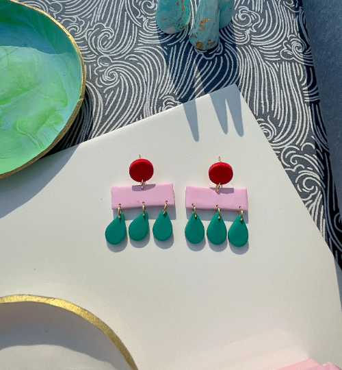 Pink, Green & Red Midcentury 'Raindrop' Memphis Layered Polymer Clay Women's Earrings.