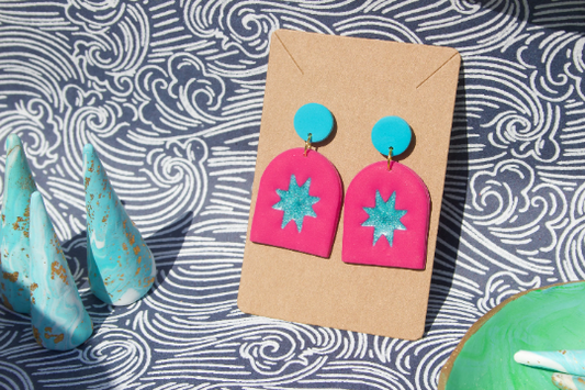 Retro Pink & Blue Star Arch Geometric Polymer Clay Kitsch Women's Earrings.