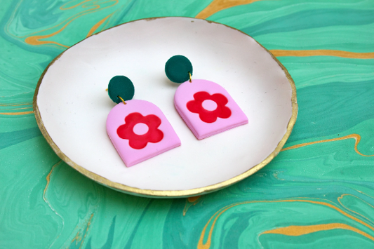 Red, Pink & Emerald Flower Arch Polymer Clay Cottagecore Kitsch Womens Adult Earrings