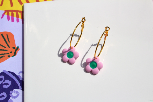 Pink & Green Flower Polymer Clay Hoop Cottagecore Kitsch Womens Adult Earrings