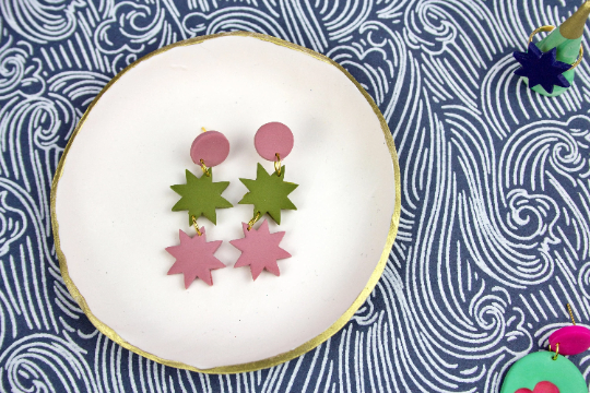 Dusky Pink & Green Geometric Polymer Clay Star Drop Kitsch Womens Adult Earrings.