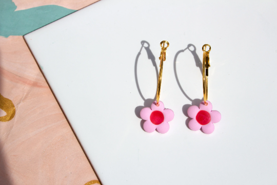 Handmade Pink & Red Flower Polymer Clay Hoop Kitsch Womens Adult Earrings