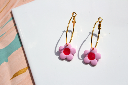 Handmade Pink & Red Flower Polymer Clay Hoop Kitsch Womens Adult Earrings