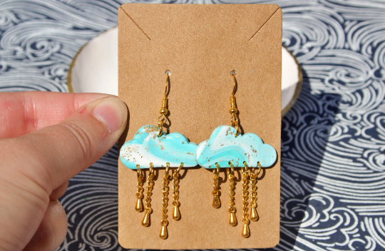 Blue & White Cloudcore Marbled Cloud Womens Adult Earrings with Golden Raindrops