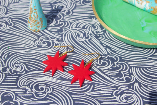 Red & Gold Geometric Polymer Clay Six Pointed Star Cottage Core Kitsch Womens Adult Earrings.