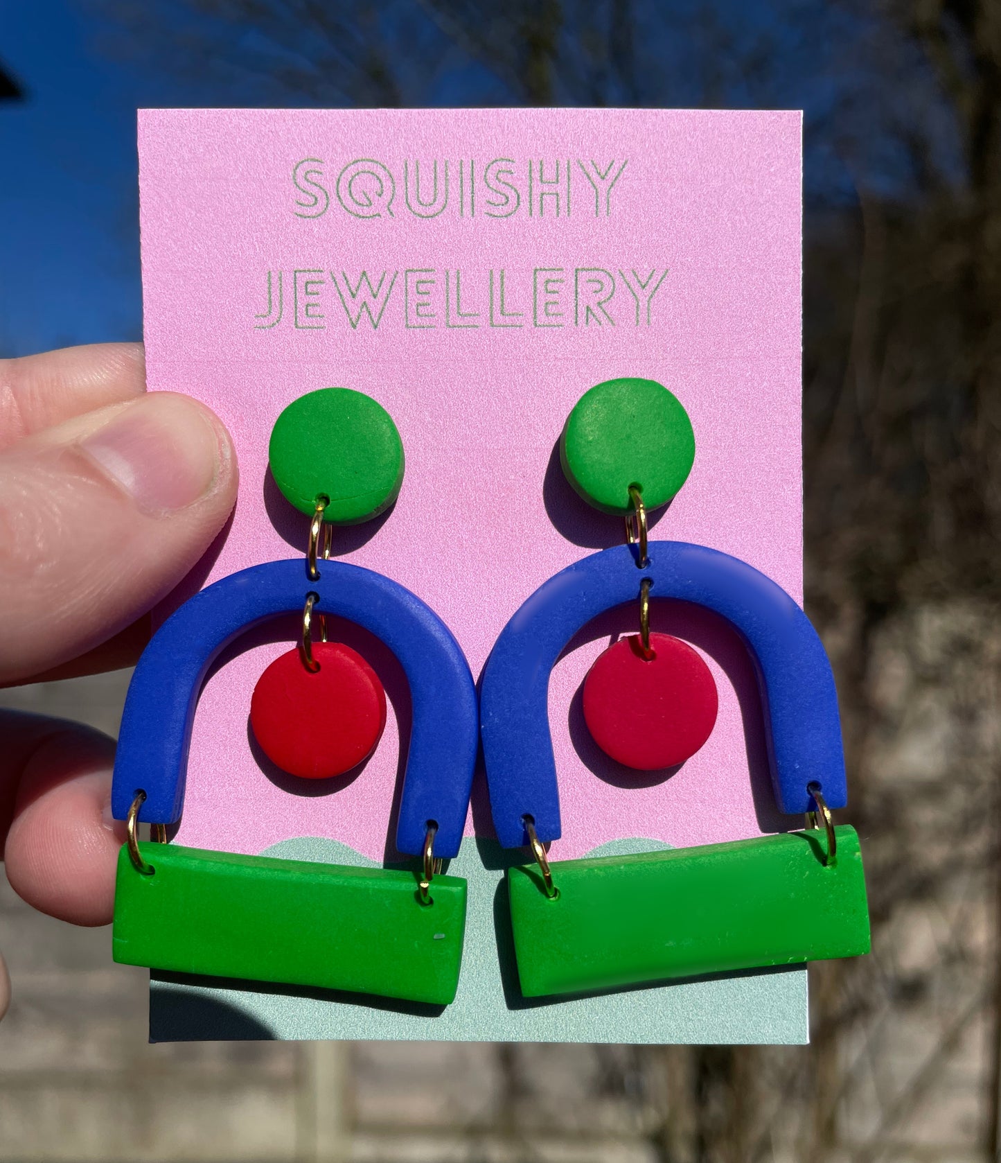 Blue, Green, Red & Gold Modern Polymer Clay Kitsch Women's Earrings.