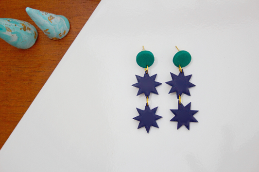 Navy & Emerald Geometric Polymer Clay Star Drop Kitsch Womens Adult Earrings.