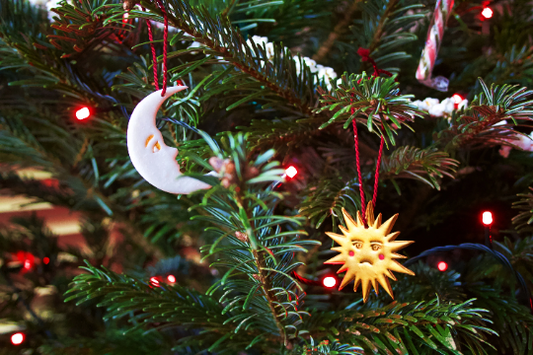 Sun & Moon Christmas Tree Boho Ornament in Gold and Pearlescent White